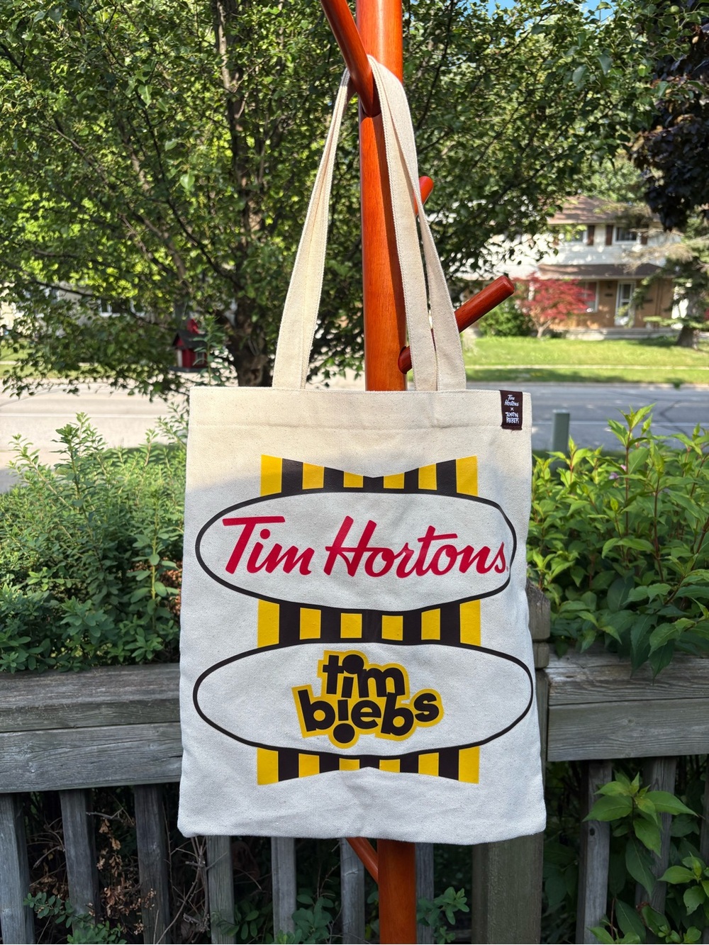 Tim Hortons/Justin Bieber Beige Canvas Tote with Yellow & Black Stripe Accents